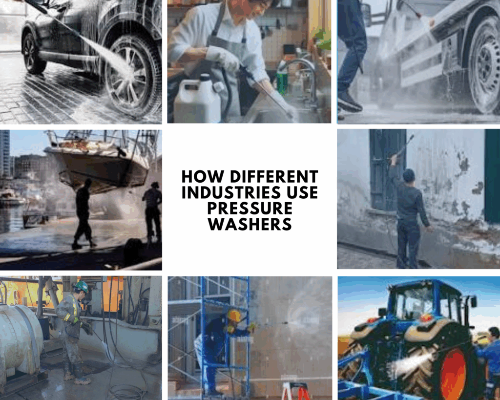 Shows images of different industries using pressure washers.