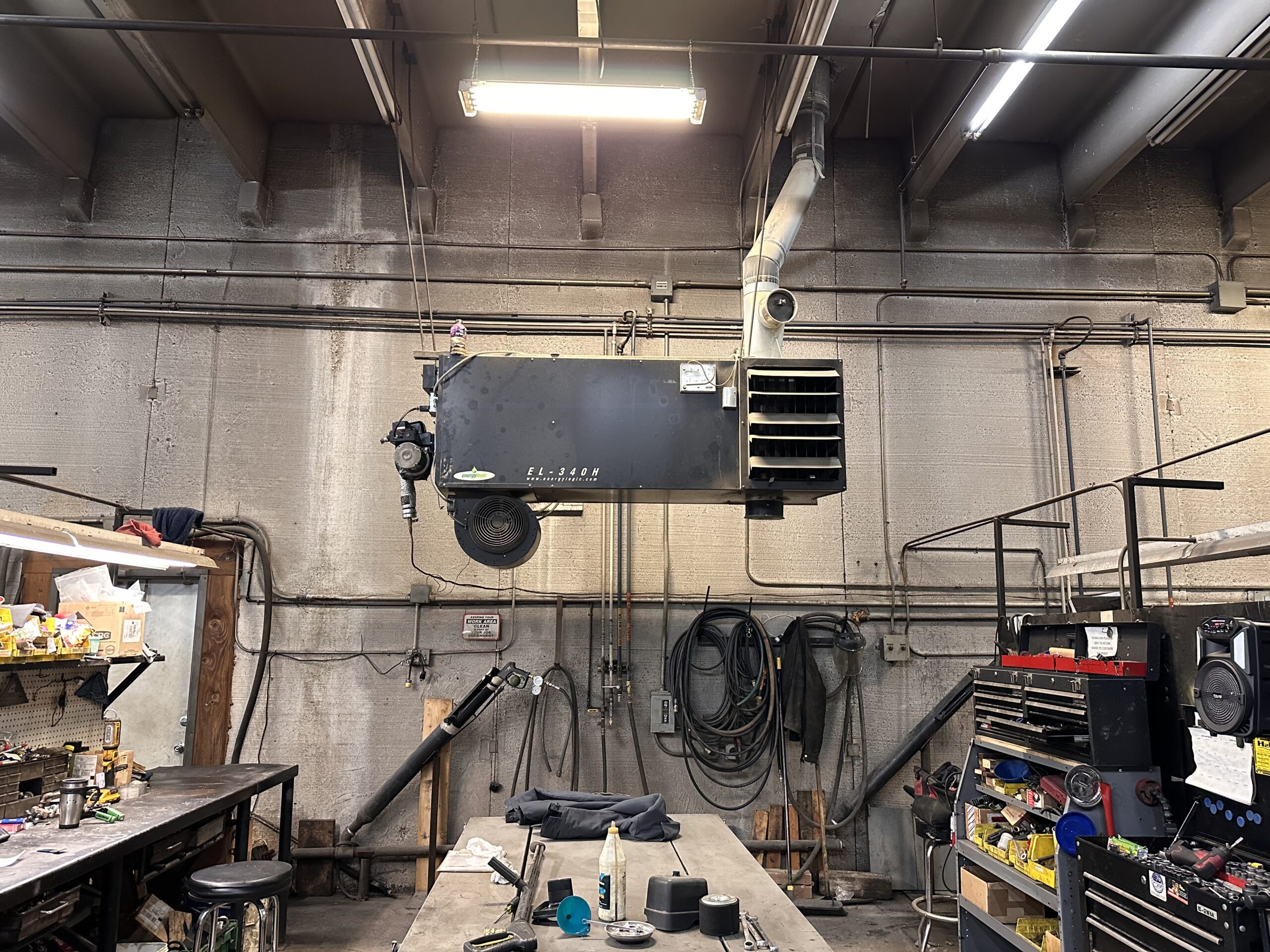 EnergyLogic waste oil heater in a commercial workshop.
