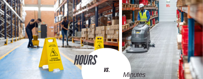 How Much Time Are You Wasting With a Broom or a Mop? Man mopping a warehouse vs. a man efficiently using a floor scrubber in a warehouse.