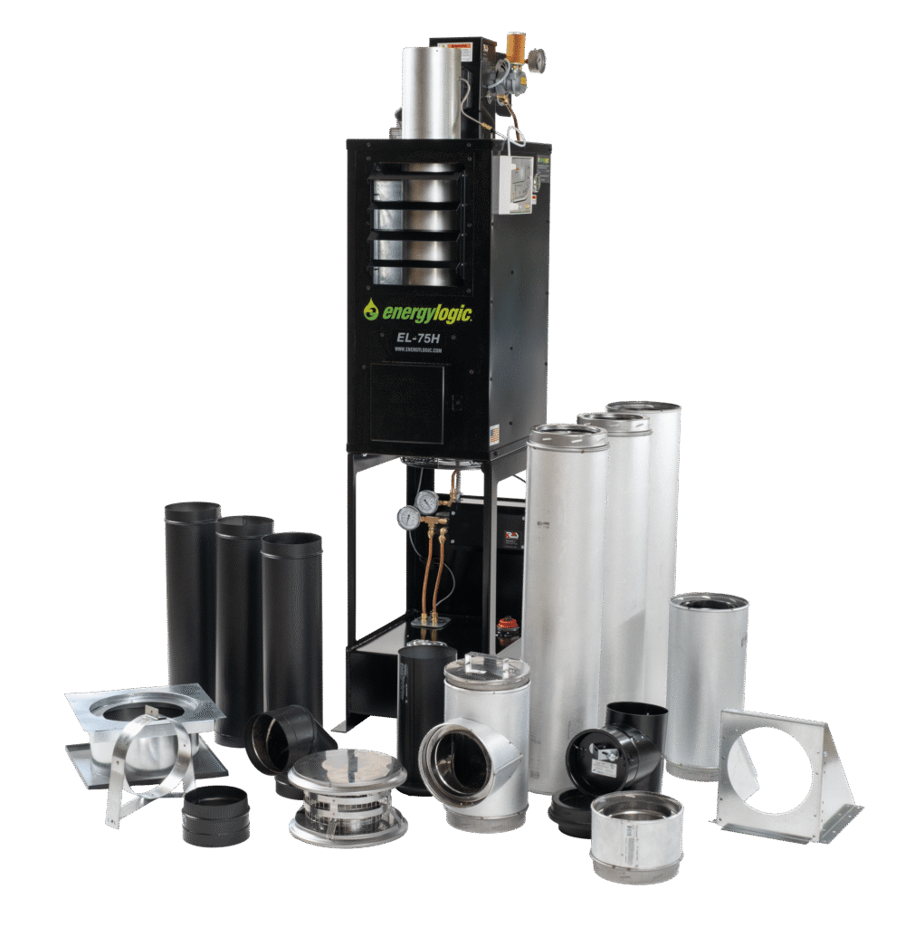 El-75H Energy Logic Waste Oilheater, 75,000 Btu W/ Built-In 10-Gal Tank, Wall Flue Kit